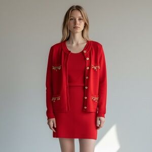 St. John Red Knit With Gold Charm Cardigan Set Size Medium